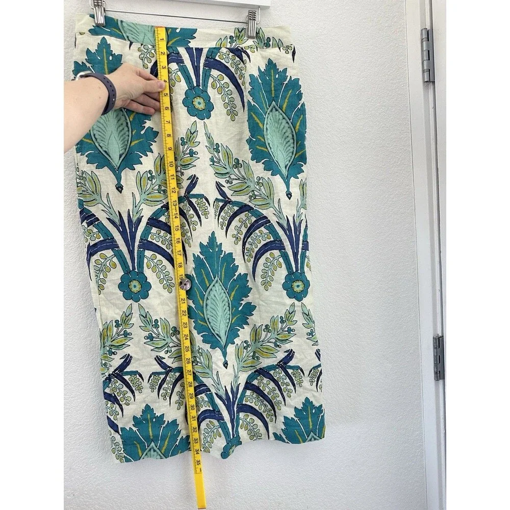 Sundance Linen Midi Skirt Graceful Verenia Teal Blue Floral Damask Boho 12 Lined